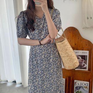Short-sleeve Floral Print Midi A-line Dress Floral - Blue & White - One Size