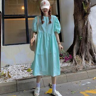 Puff-sleeve Plain A-line Dress Green - One Size