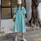 Puff-sleeve Plain A-line Dress Green - One Size