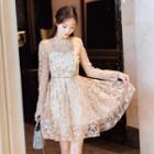 Round Neck Embroidered Mesh A-line Dress