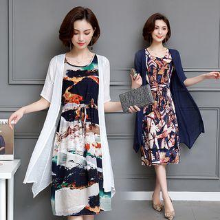 Set: Printed Sleeveless A-line Midi Dress + Elbow-sleeve Light Jacket
