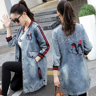Penguin Embroidered Long Denim Jacket