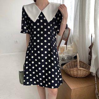 Short Sleeve Contrast Collar Dotted Mini A-line Dress
