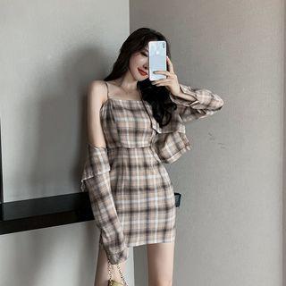 Set: Spaghetti Strap Plaid Mini Sheath Dress + Long-sleeve Cropped Shirt