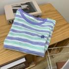 Color Block Round-neck Striped Short-sleeve Top Green & Purple - One Size