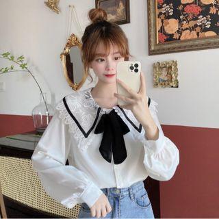 Long-sleeve Lace Collar Tie-neck Blouse White - One Size