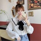 Long-sleeve Lace Collar Tie-neck Blouse White - One Size
