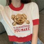 Short-sleeve Bear Embroidered Knit Crop Top Bear - White - One Size