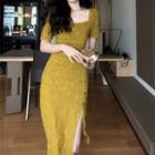 Short-sleeve Square-neck Shirred Bodycon Dress
