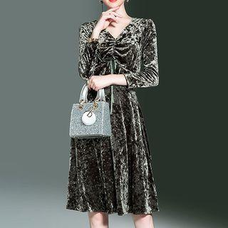 3/4-sleeve Velvet Pleated A-line Dress