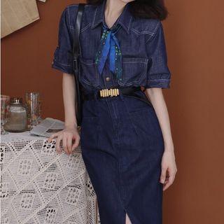 Short-sleeve Denim Shirt Dark Blue - One Size