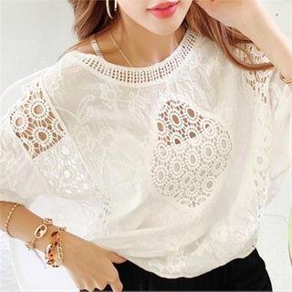 Dolman-sleeve Lace-trim Top White - One Size