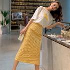 Set: Lemon Print Short-sleeve T-shirt + Plaid Midi A-line Skirt