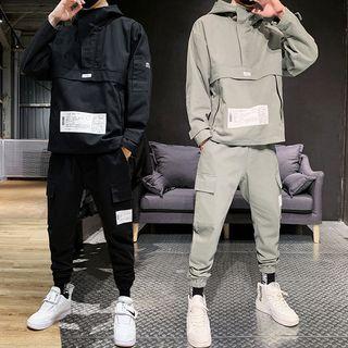Set: Label Applique Hooded Half-zip Pullover + Cargo Sweatpants