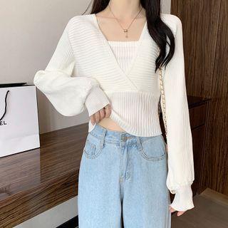 Long Sleeve Mock Two-piece V-neck Plain Knit Top
