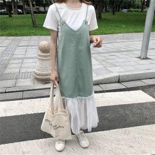 Mesh Panel Denim Jumper Dress