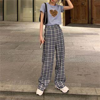Short-sleeve Leopard Print Heart T-shirt / Plaid Straight-fit Pants