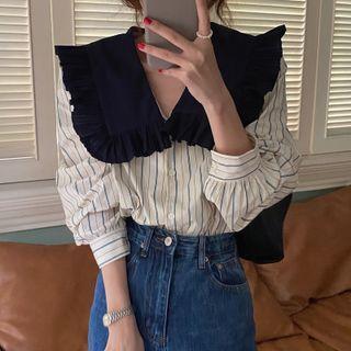 Striped Collared Blouse Black & White - One Size