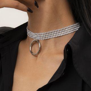 Hoop Pendant Rhinestone Choker 3695 - Silver - One Size