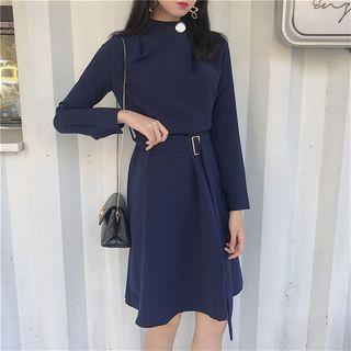 Plain Lace-up Long-sleeve Dress