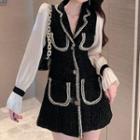 Long-sleeve Two Tone Contrast Trim Buttoned Mini Dress