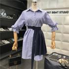 Set: Elbow-sleeve Striped Long Shirt + Pleated Mini Skirt