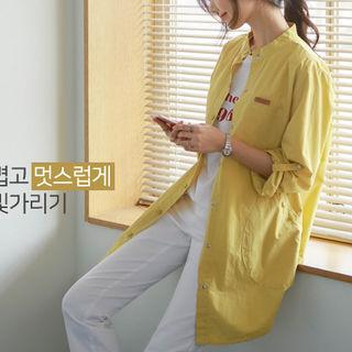 Mandarin-collar Snap-button Long Shirt
