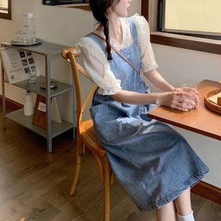 Elbow-sleeve Blouse / Denim Midi A-line Overall Dress