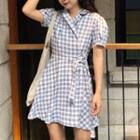 Short-sleeve Plaid Wrap-front Collared Dress