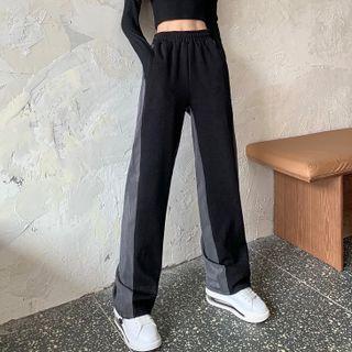 Two-tone High-waist Wide-leg Pants Black & Gray - One Size