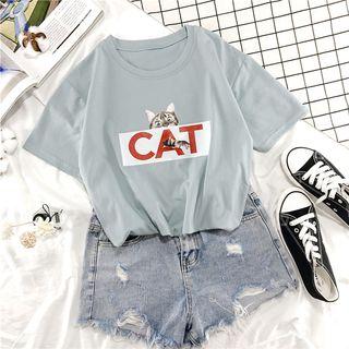 Short-sleeve Cat Print Letter T-shirt