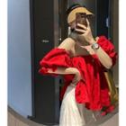 Off-shoulder Bubble-sleeve Loose Top Red - One Size