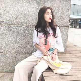 Print Elbow-sleeve Distressed T-shirt