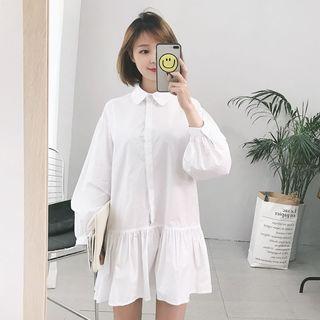 Plain Long-sleeve Ruffle Hem Shirt Dress