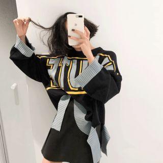 Letter Print Cutout-hem Oversized Sweater