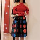 Set: Open Shoulder Long-sleeve Top + Dotted Mini Skirt