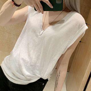 Sleeveless V-neck Plain Knotted T-shirt