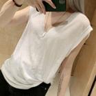 Sleeveless V-neck Plain Knotted T-shirt