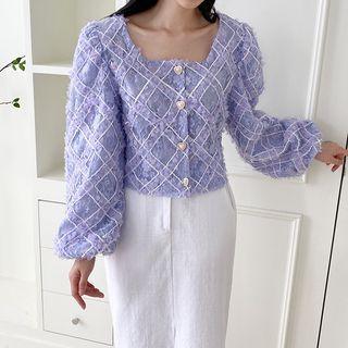 Square-neck Heart-button Lace Blouse