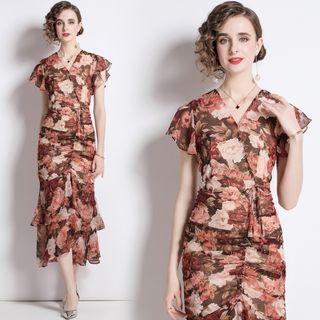 Cap-sleeve Floral Drawstring Midi Sheath Dress