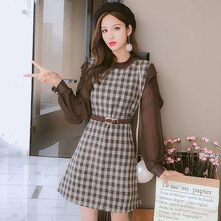 Chiffon Sleeve Plaid A-line Mini Dress