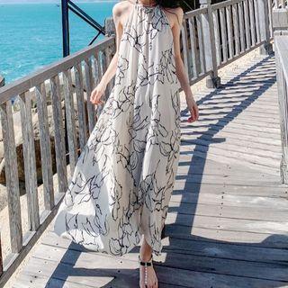Halter Print Midi A-line Dress