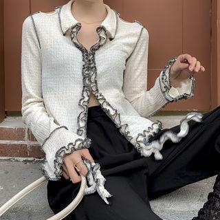 Long-sleeve Ruffle Trim Polo Crop Top