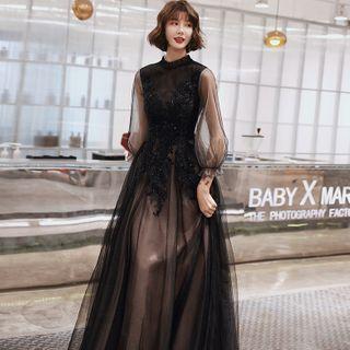 Embellished 3/4-sleeve A-line Mesh Evening Gown