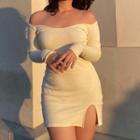Long Sleeve Square-neck Ribbed-knit Slit Mini Dress