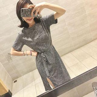 Short-sleeve Slit T-shirt Dress With Sash