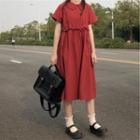 Short-sleeve Collar Midi A-line Dress Red - One Size