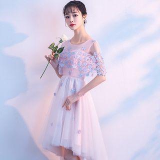 Floral Mesh Elbow-sleeve A-line Cocktail Dress / Evening Gown