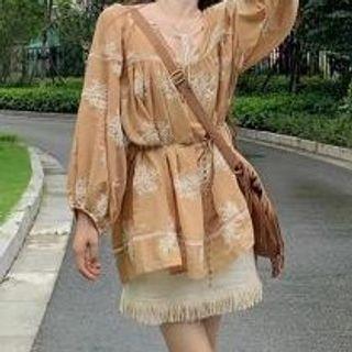 Off-shoulder Floral Embroidered Blouse Caramel - One Size