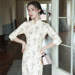 3/4-sleeve Tropical Print Qipao Dress